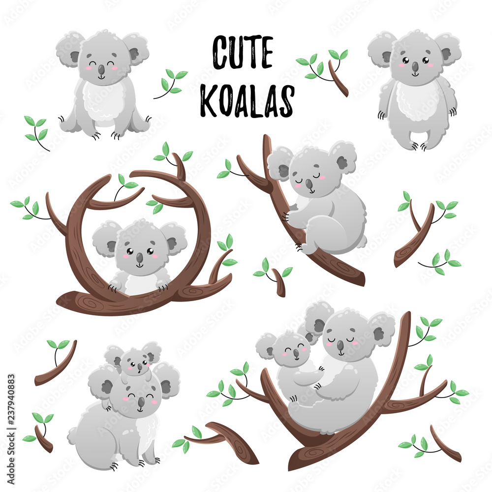 Collection of cute cartoon koalas. Set of vector stickers. Doodle icons. Template for design, print, textile.