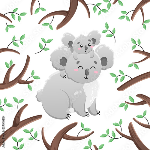 Vector cartoon koalas among the leaves and branches. Mom and child. Doodle illustration. Funny happy animal. Template for print  cards  textiles  clothing  design.
