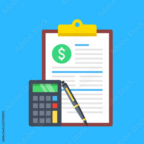 Clipboard and document with dollar sign, calculator and pen. Financial statement, tax form, application form, business report concepts. Modern flat design. Vector illustration