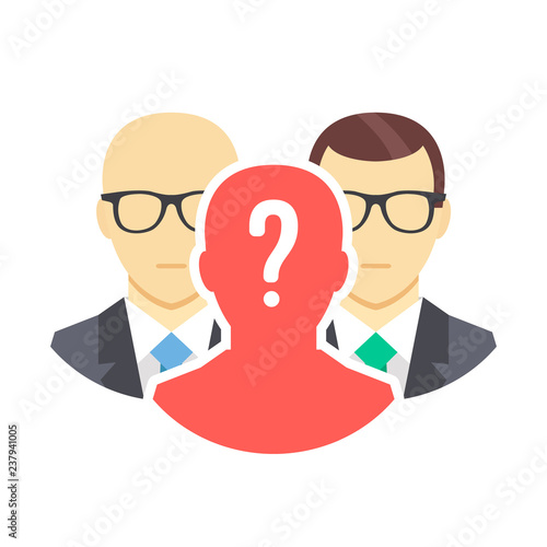 Business people and man silhouette with question mark symbol. Human resources, search for employees, recruiting, employment, team management concepts. Modern flat design. Vector illustration