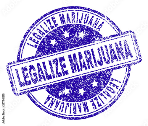 LEGALIZE MARIJUANA stamp seal watermark with grunge style. Designed with rounded rectangles and circles. Blue vector rubber print of LEGALIZE MARIJUANA label with grunge texture.