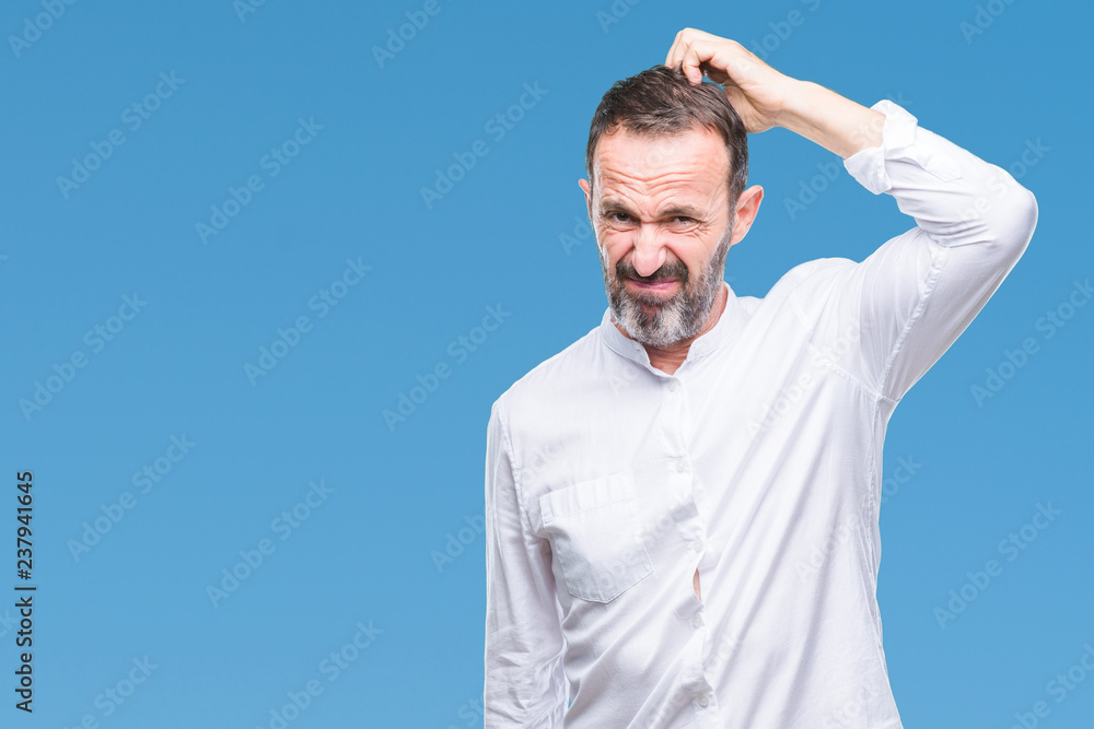 Middle age hoary senior man over isolated background confuse and wonder about question. Uncertain with doubt, thinking with hand on head. Pensive concept. Middle age hoary senior man over isolated background confuse and wonder about question. Uncertain with doubt, thinking with hand on head. Pensive concept.