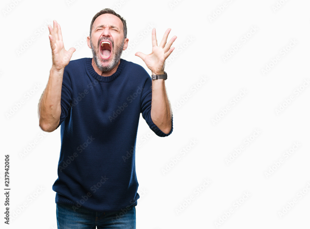 Middle age hoary senior man over isolated background crazy and mad shouting and yelling with aggressive expression and arms raised. Frustration concept. Middle age hoary senior man over isolated background crazy and mad shouting and yelling with aggressive expression and arms raised. Frustration concept.