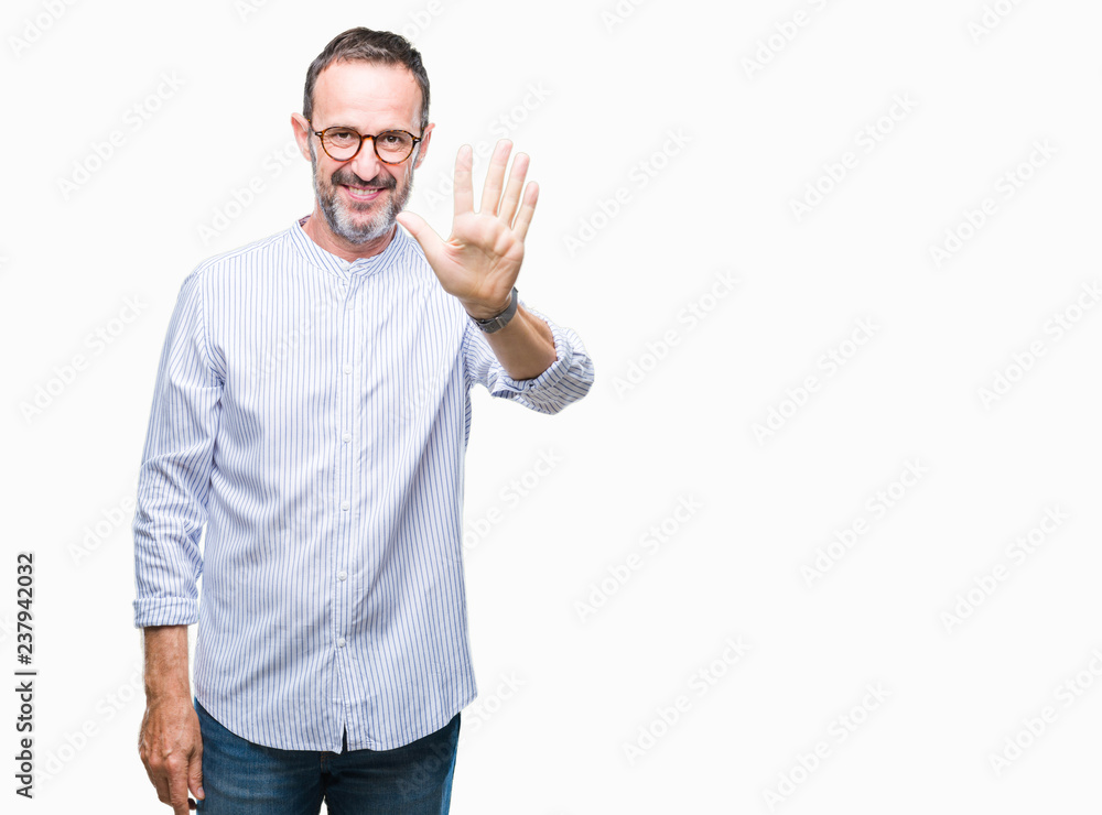 Middle age hoary senior man wearing glasses over isolated background showing and pointing up with fingers number five while smiling confident and happy. Middle age hoary senior man wearing glasses over isolated background showing and pointing up with fingers number five while smiling confident and happy.