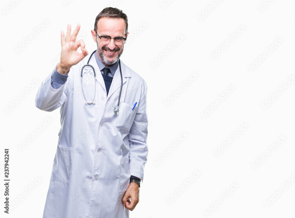 Middle age senior hoary doctor man wearing medical uniform isolated background smiling positive doing ok sign with hand and fingers. Successful expression. Middle age senior hoary doctor man wearing medical uniform isolated background smiling positive doing ok sign with hand and fingers. Successful expression.