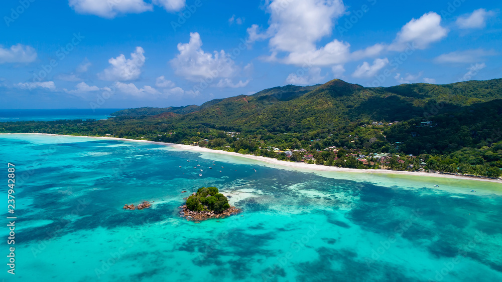 Aerial view of beautiful island at Seychelles in the Indian Ocean.Top view from drone