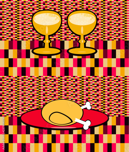 retro banner glass with champagne and baked turkey