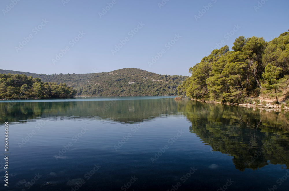 the big lake in the morning, seascape at mljiet island national park. big lake coast. croatia, dalmatia.