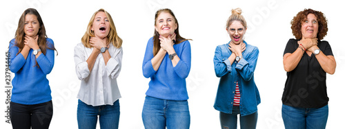 Obraz na plátne Collage of group of beautiful women over white isolated background shouting and suffocate because painful strangle
