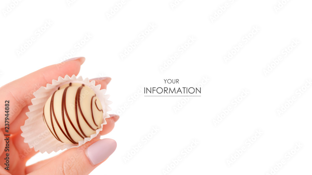 Chocolate candy in hand pattern on white background isolation Chocolate candy in hand pattern on white background isolation