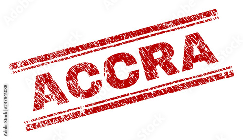 ACCRA seal print with grunge texture. Red vector rubber print of ACCRA text with unclean texture. Text title is placed between double parallel lines.