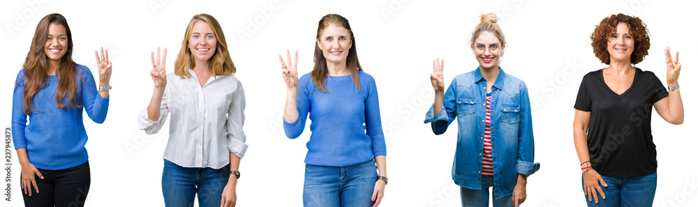 Collage of group of beautiful women over white isolated background showing and pointing up with fingers number three while smiling confident and happy. Collage of group of beautiful women over white isolated background showing and pointing up with fingers number three while smiling confident and happy.