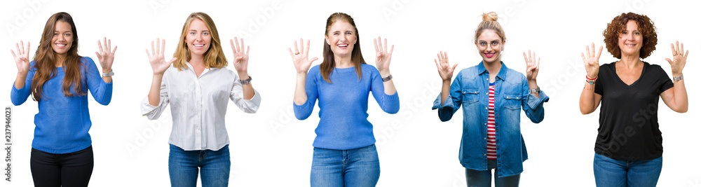 Collage of group of beautiful women over white isolated background showing and pointing up with fingers number nine while smiling confident and happy. Collage of group of beautiful women over white isolated background showing and pointing up with fingers number nine while smiling confident and happy.