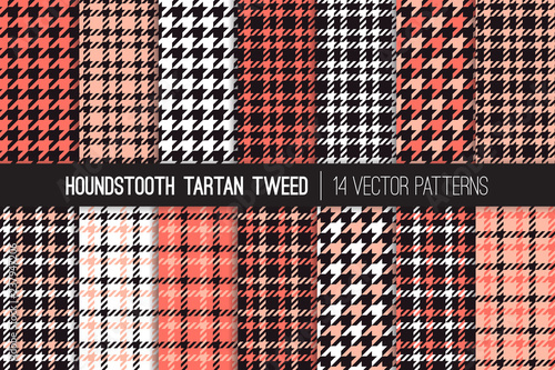 Coral, Pink, White and Black Houndstooth Tartan Tweed Vector Pattern Tile. Living Coral - 2019 Color of the Year. Fashion Textile Print. Dogs-tooth Check Fabric Textures. Pattern Tile Swatch Included