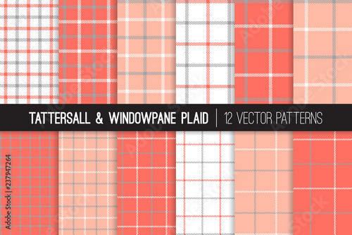 Coral Pink Gray, White Tattersall & Windowpane Plaid Vector Patterns. Living Coral - 2019 Color of the Year. Pastel Color Fashion Textile Prints. Small to Large Checks. Pattern Tile Swatches Included