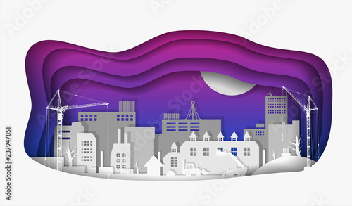 Industrial European vintage styled city under construction. Paper layered art paper card. Vector illustration