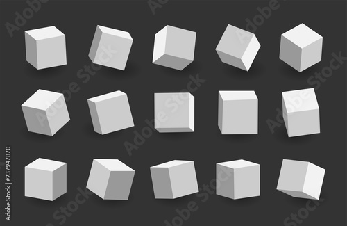 White 3D cubes pack isolated on black background. Different light, perspective and angle. Vector illustration