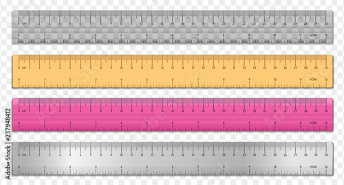 Realistic tape rulers set isolated on transparent background. Plastic, metal and wooden double sided measurement in cm and inches. Vector illustration