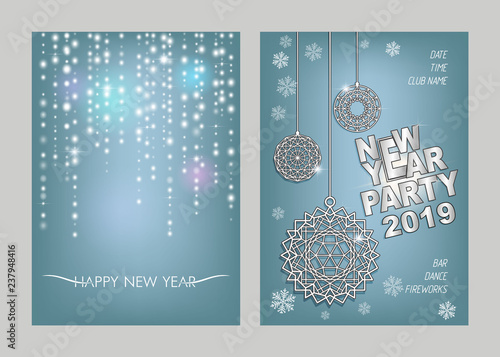 Christmas decorations on winter background. Invitational flyer for the New Year's dance party 2019.  Luminescent glow, snowflakes, stars, shiny garlands and christmas balls.