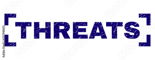 THREATS text seal watermark with grunge texture. Text caption is placed inside corners. Blue vector rubber print of THREATS with unclean texture.