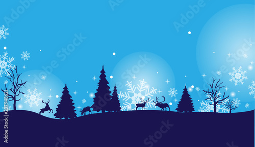 Vector blue winter landscape with deers and snowflakes