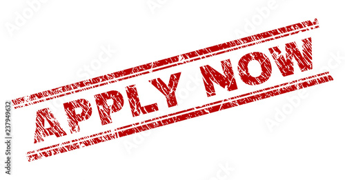 APPLY NOW seal watermark with corroded texture. Red vector rubber print of APPLY NOW label with unclean texture. Text label is placed between double parallel lines.