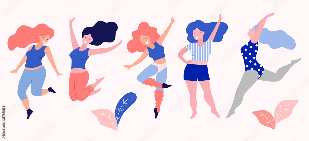 Happy beautiful active plus size girls vector flat  illustration. Body positive concept.