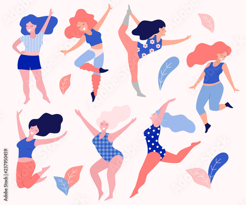 Happy beautiful active plus size girls vector flat  illustration. Body positive concept.