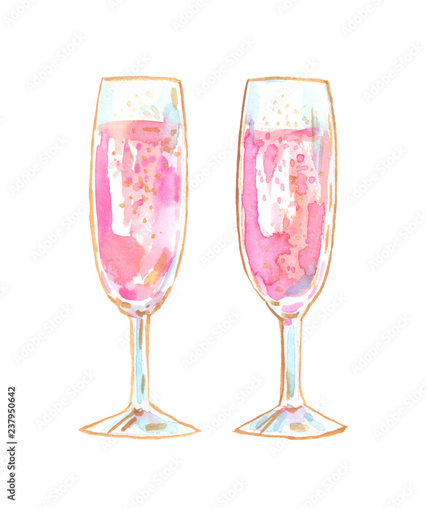 Two flute glasses with pink champagne painted in watercolor on clean white  background Stock Illustration | Adobe Stock
