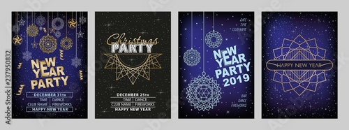 Christmas decorations on dark blue background. Invitational flyer for the New Year's dance party 2019. Christmas balls, snowflakes, stars, serpentine and glow.