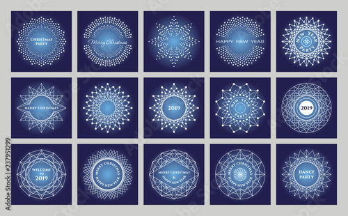 Set of circular Christmas ornaments. Border made of lines and dots. Geometric...