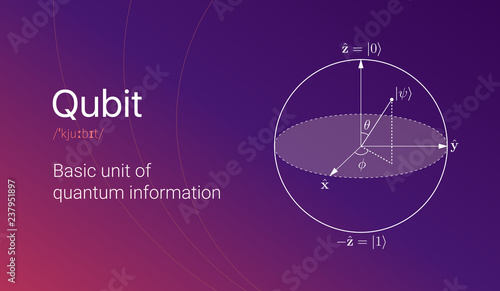 Quantum bit visual concept. Visialization of qubit on colorful gradient background. Vector illustration