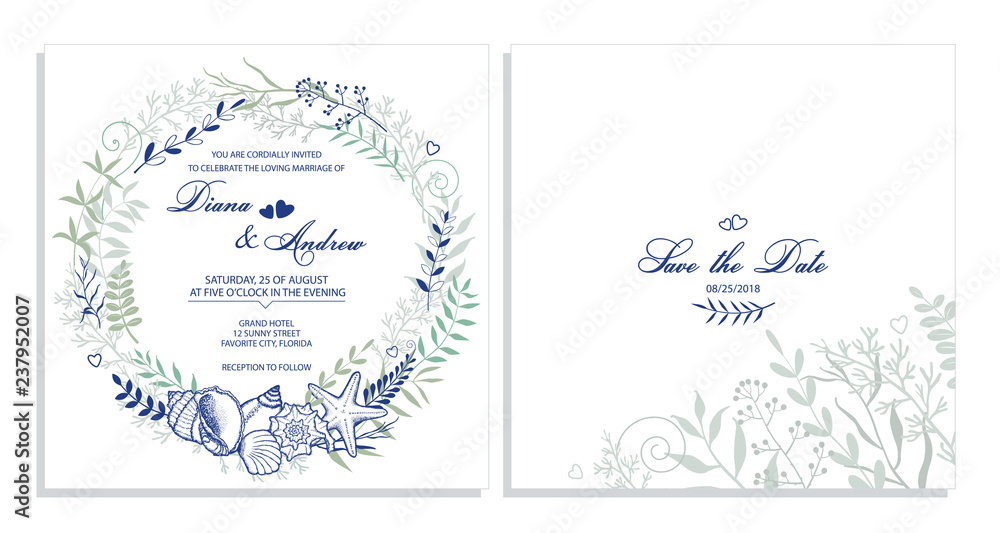 Wedding invitation. Card, template for the invitation. Flower frame, delicate wreath of seashells, twigs, leaves, flowers.