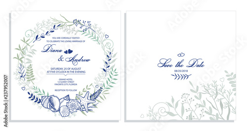 Wedding invitation. Card, template for the invitation. Flower frame, delicate wreath of seashells, twigs, leaves, flowers.