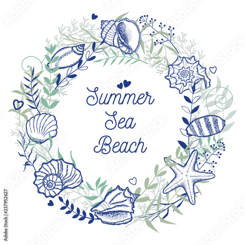 Wreath of seashells and sea plants. Marine frame.