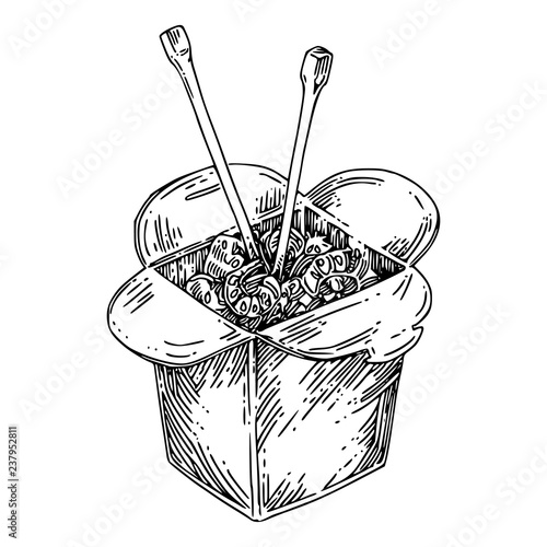 Chinese food in paper box and chopsticks. Sketch. Engraving style. Vector illustration..