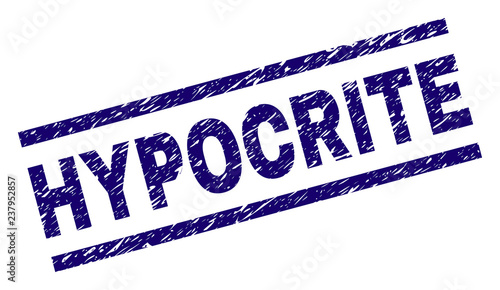 HYPOCRITE seal print with grunge style. Blue vector rubber print of HYPOCRITE tag with retro texture. Text tag is placed between parallel lines.