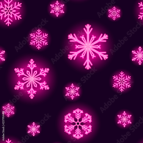 Neon snowflakes seamless pattern on dark purple background. Vector 10 EPS illustration.