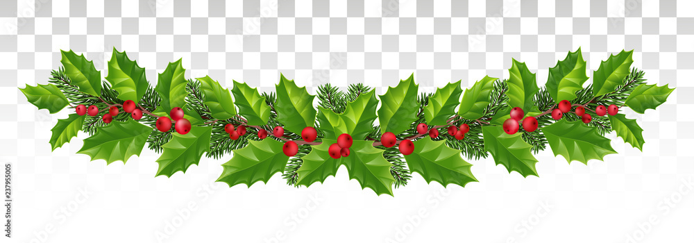 Long garland of spruce branches, holly and red berries. Festive wide decor. Panorama. vector.Eps 10. Long garland of spruce branches, holly and red berries. Festive wide decor. Panorama. vector.Eps 10.