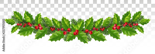 Long garland of spruce branches, holly and red berries. Festive wide decor. Panorama. vector.Eps 10.