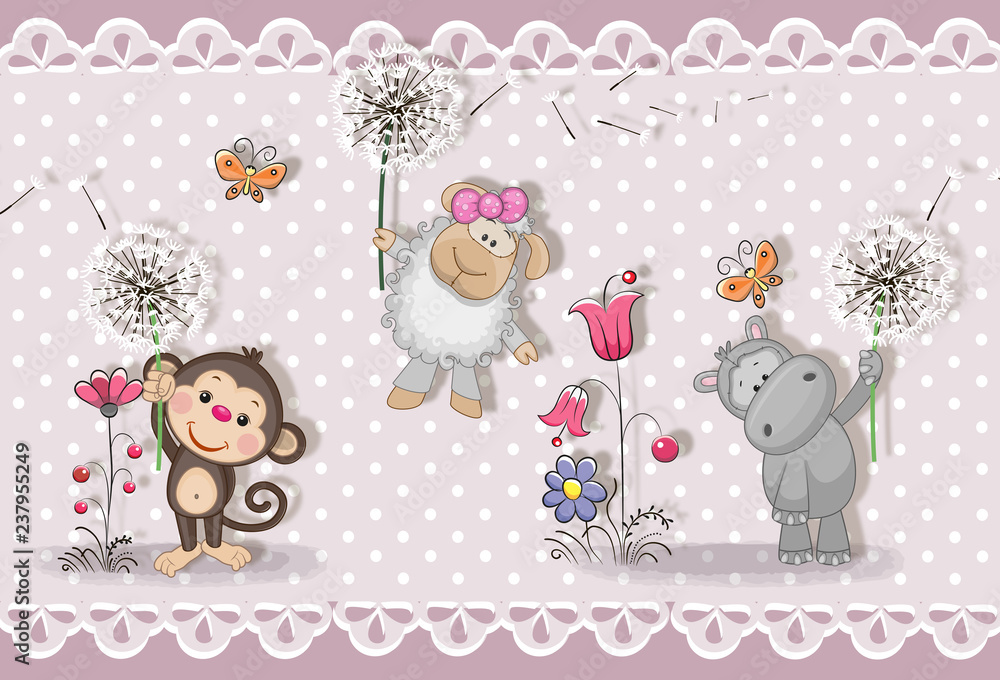 3d wallpaper, cute baby background with little animals . Greeting card.  Pastel background Stock Illustration | Adobe Stock