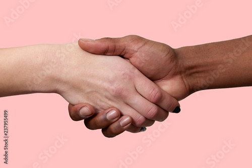 Horizontal shot of handshake between African American man and Caucasian woman pose over pink background, greet each other, demonstrate international relationship. Close up shot. Shaking hands