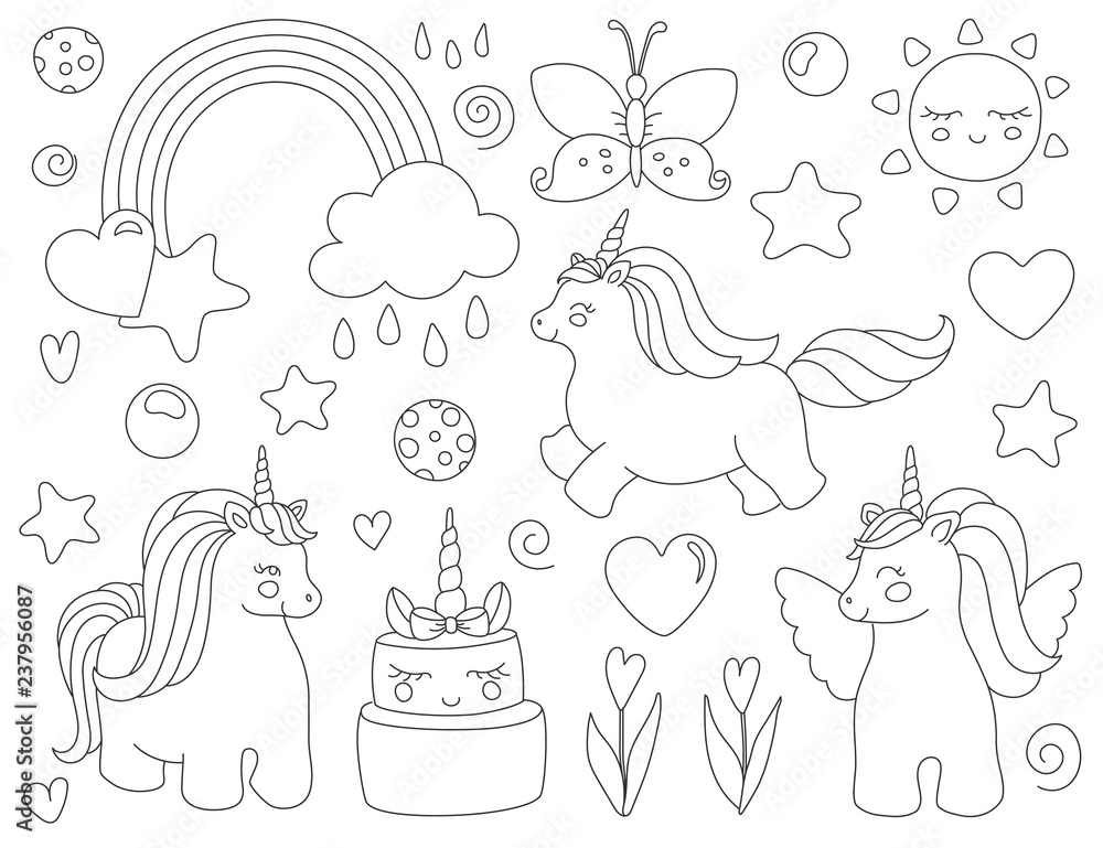 Unicorn with rainbow, stars, sun, flowers and cake. Vector artwork