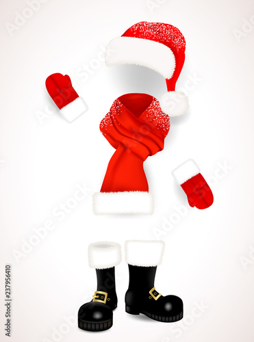 Set of realistic red Santa Claus clothing, hat with fluffy fur pompon, scarf with snow, mittens and black boots isolated on white background. Vector illustration