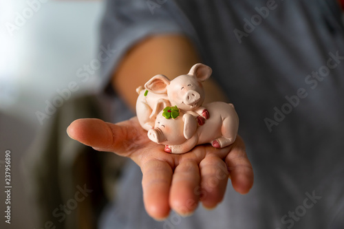 Photography Frau hält einen Glücksbringer in der Hand, ein Glücksschwein