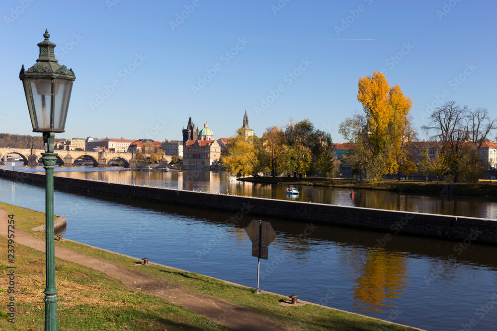 Obraz premium Colorful autumn Prague Old Town above River Vltava, Czech Republic