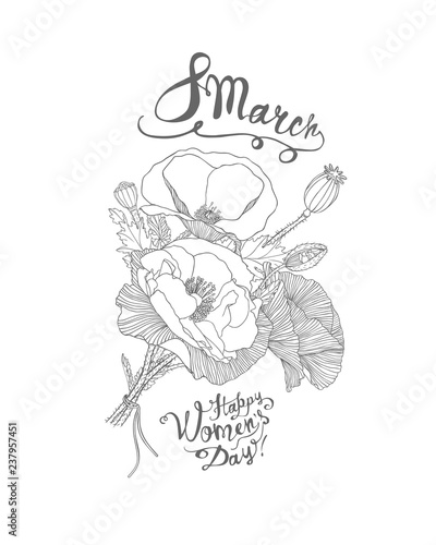 8 march. Happy Woman Day. Card with linear poppy flowers