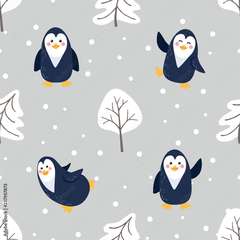 Fototapeta premium Merry Christmas New Year seamless pattern with cute cartoon penguins pine tree and snow. Vector flat illustration.