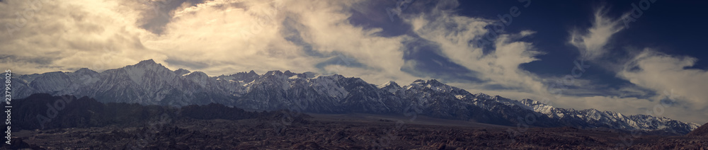 Sierra Mountain Range at Sunset. Mount Whitney the highest peak in the lower 48 in the middle. 