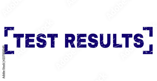 TEST RESULTS text seal print with corroded effect. Text label is placed inside corners. Blue vector rubber print of TEST RESULTS with unclean texture.